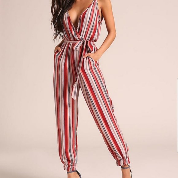 Maverick The Collection Jumpsuit Pants Striped‎ Red Medium Lightweight Spaghetti - Picture 1 of 16